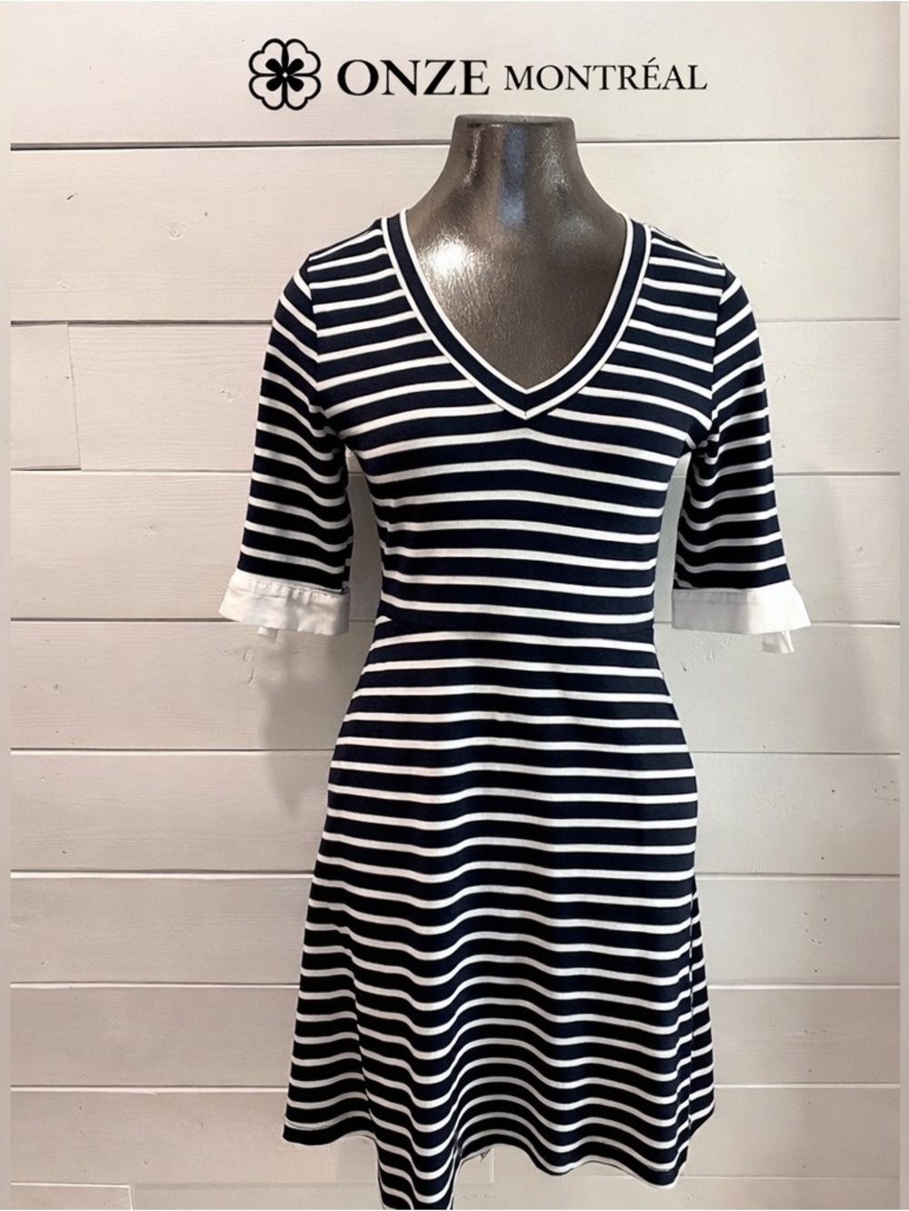 ONZE MONTRÉAL – Navy & White Striped Dress – Size S